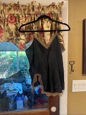 Cami NYC Black Satin Cami with Tan Lace Trim